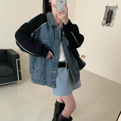 时尚潮流牛仔拼接设计感针织开衫女2025秋冬新款宽松大码休闲外套
