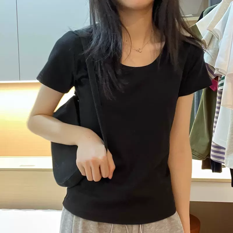美式白色t恤女正肩短袖欧货2025年新款显瘦圆领棉质叠穿打底上衣