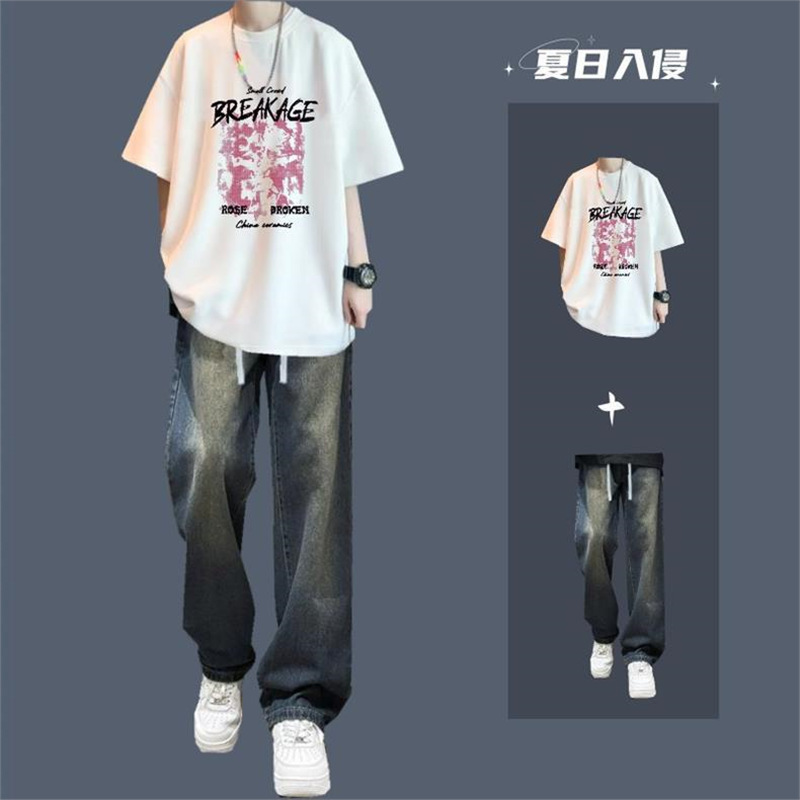 American Short-Sleeved T-Shirt Men's Suit Summer Boys Handsome Matching Fashionable Jeans Ins Trendy Set of Clothes