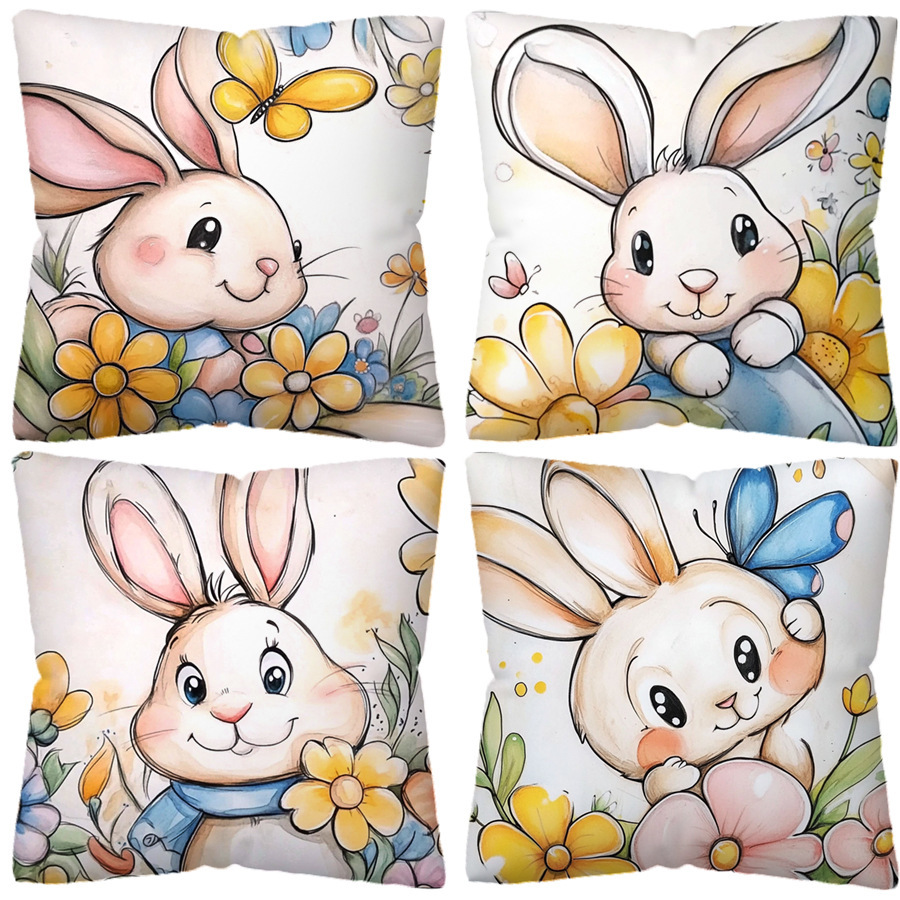 Ak Hot Sale Happy Easter Bunny Pink Throw Pillow Cover Linen Printed Sofa Holiday Decorative Cushion Cover Wholesale