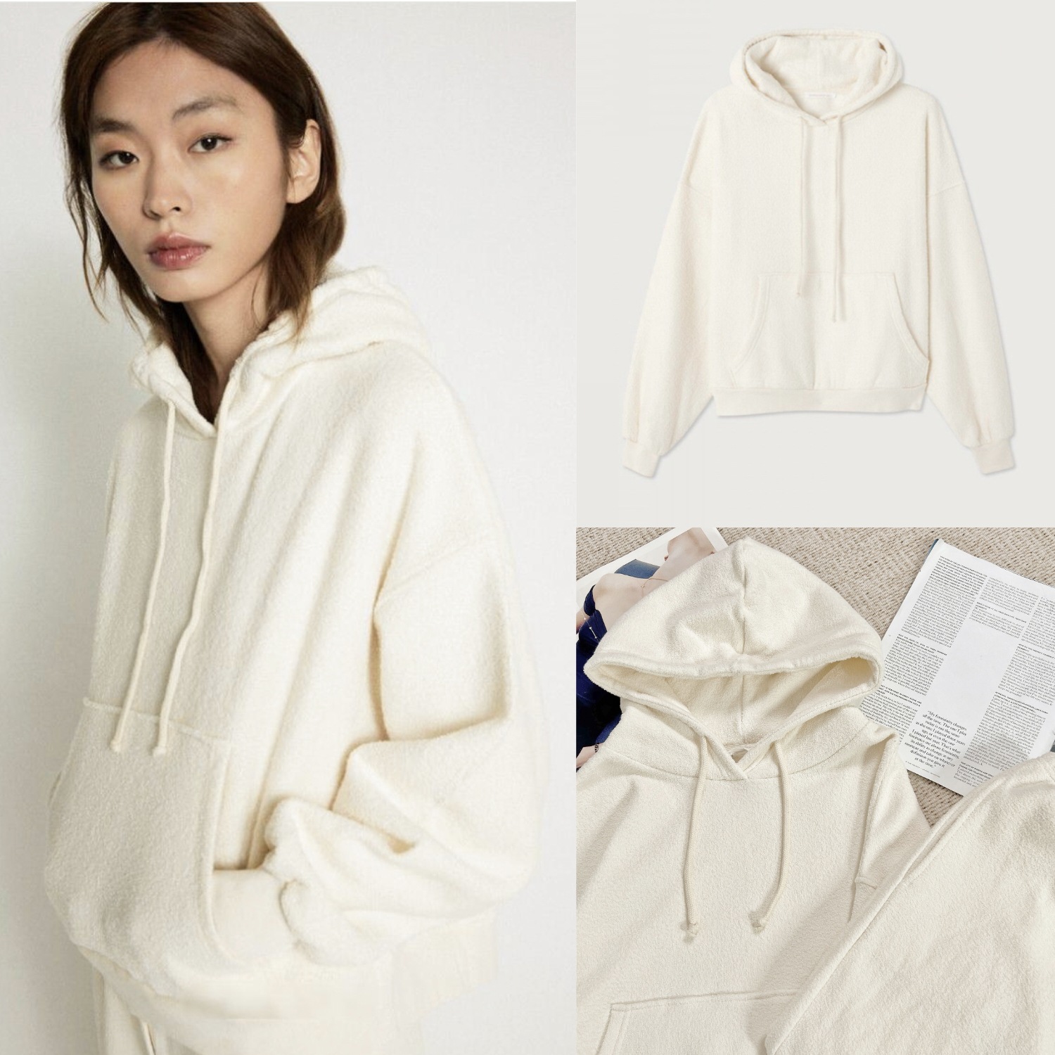 House25 Autumn/Winter Kangaroo Pocket Beige Fleece Towel Cotton Drawstring Hooded Pullover Sweatshirt for Women