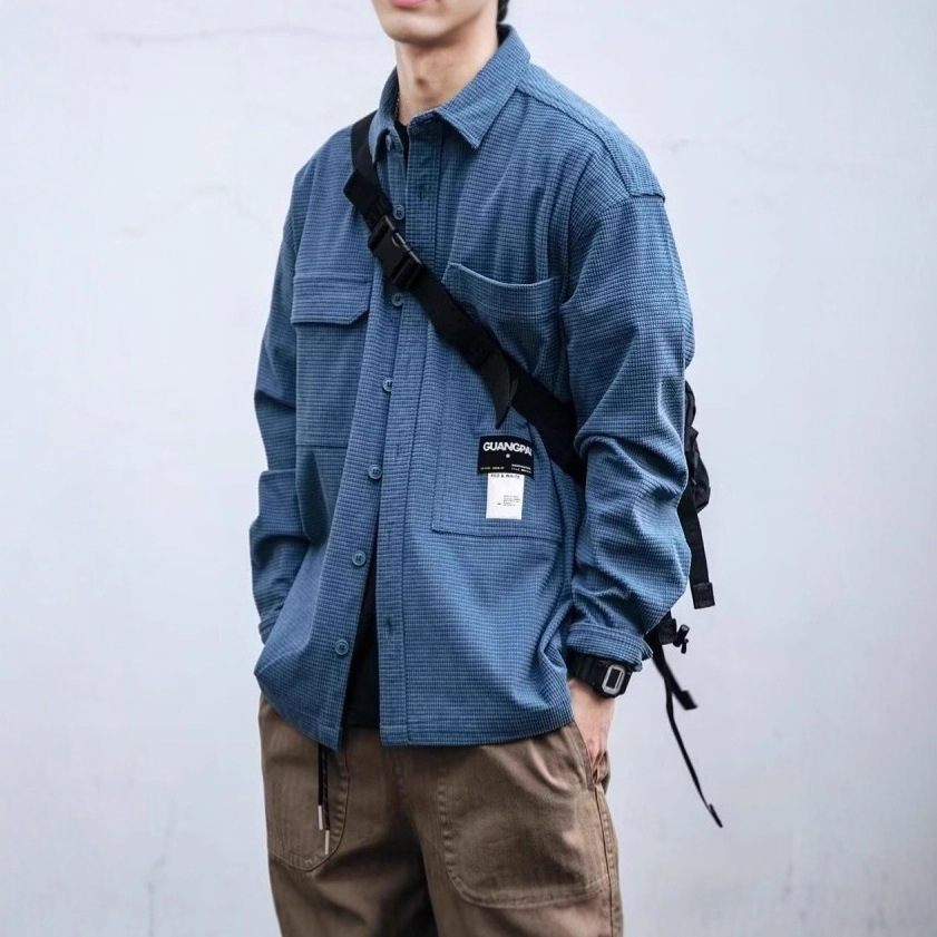 华夫格高级感衬衣男日系复古潮牌工装衬衫长袖春秋季宽松休闲外套