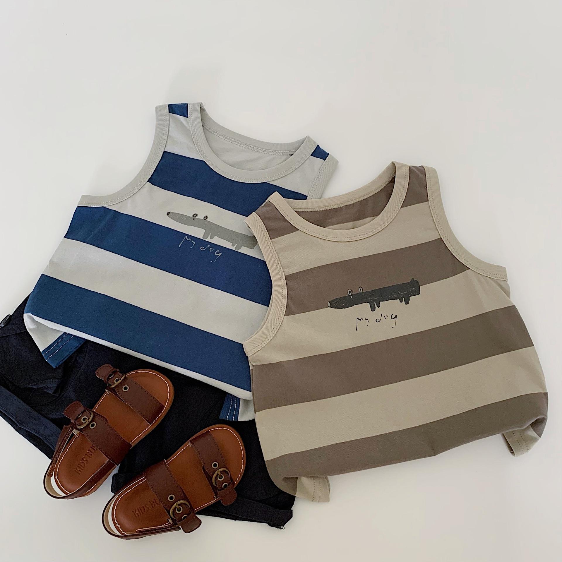 Chaleco sin mangas para niños Maibao 2025 verano nuevo estilo coreano para niños y niñas a rayas de estilo occidental camiseta de todo fósforo de manga corta marea