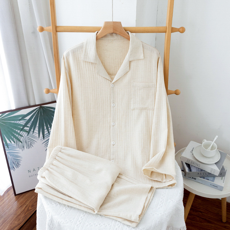 Pure Cotton and Linen Lapel Pajamas Set for Men, Thin Long-Sleeved Pants for All Seasons, Cotton Double-Layer Gauze Dad Home Clothes