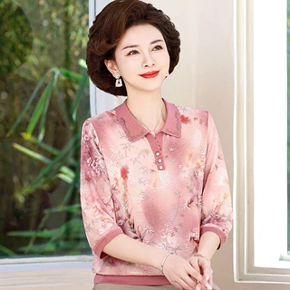 妈妈春装2026新款中袖上衣时尚中年女花色小衫中老年人休闲打底衫