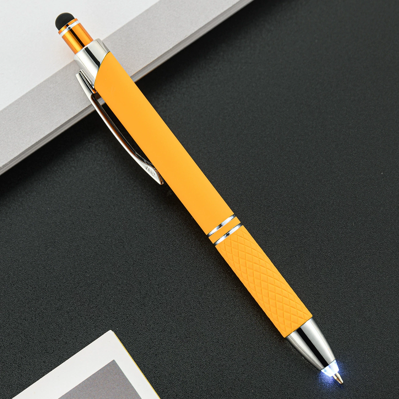 Universal creative metal multicoloured bulb, LED ballpoint pen for office for elementary school students, three in one