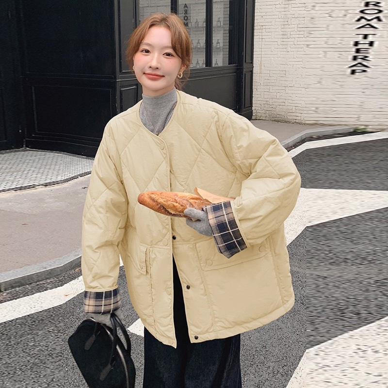 圆领格子拼接羽绒棉服女2025年新款轻薄短款小个子宽松棉袄外套潮|undefined