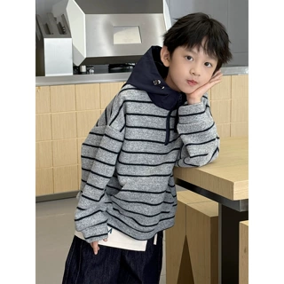 2026春秋装韩版儿童长袖上衣条纹休闲宽松男女童连帽卫衣百搭童装