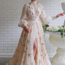 2025年新款跨境亚马逊半高领亮片开衩灯笼袖大摆礼服雪纺连衣裙