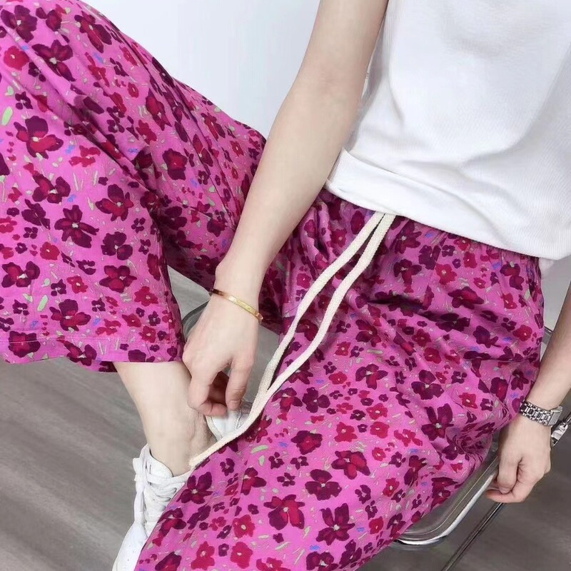 Cotton Silk Hallen Pants Women's 2024 Summer Thin Floral Straight Pants Artificial Cotton Casual Pants Home Pants Pajama Pants