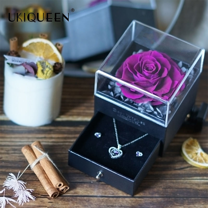 Naxi reina eterna flor Acrílico caja de joyería flores rosa al por mayor caja decorativa regalo del Día de San Valentín