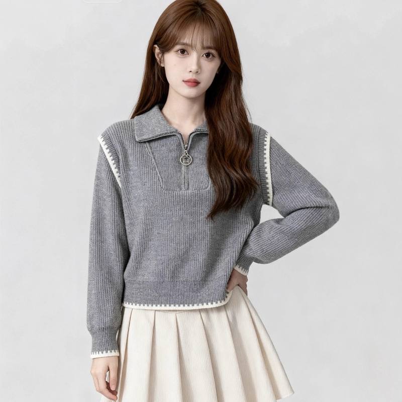 Korean Half-Zip Turtleneck Sweater for Women in Autumn and Winter, Thickeneded Outer Wear, Lazy Style Short Knitted Top for Small People