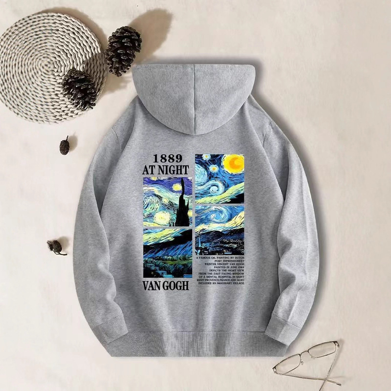 [Cross-Border Export] 2025 New Hooded Sweatshirt Van Gogh Starry Sky Pattern Autumn and Winter Fleece-Lined Casual Loose and Versatile
