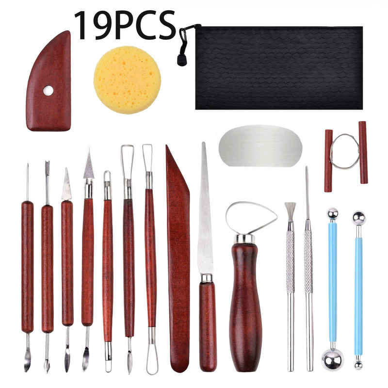 Cross-border pottery tools 19-piece set for clay pottery carving, clay cutting, detail needles, trimming tools, and scraper wholesale