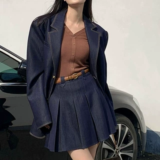 特价清仓复古撞色仿牛仔西装外套女设计感休闲西服百褶裙气质通勤