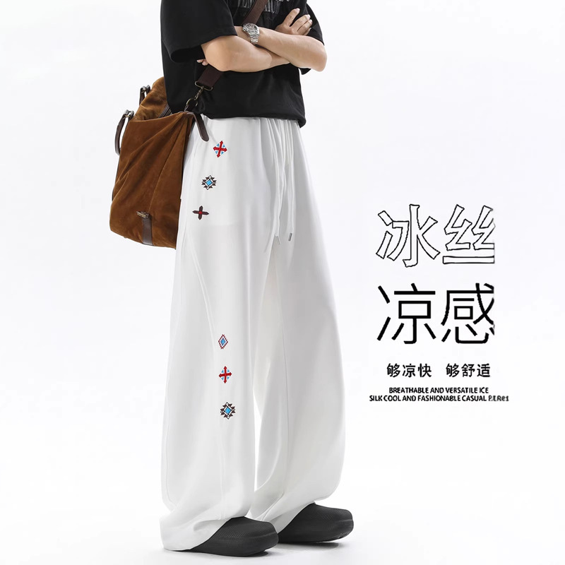 American-Style Embroidered Faux Ice Silk Casual Pants for Men, Summer Thin Breathable Versatile Wide-Leg Pants, Loose Drape Straight-Leg Pants American-Style Embroidered Faux Ice Silk Casual Pants for Men, Summer Thin Breathable Versatile Wide-Leg Pants, Loose Drape Straight-Leg Pants