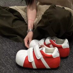 牛皮版~平底内增高阿甘鞋大头丑萌面包休闲鞋女魔术贴运动德训鞋