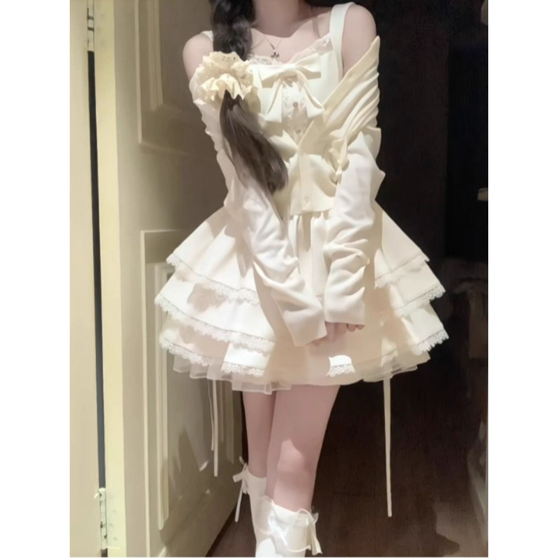 法式甜美独特超好看开衫外套蓬蓬蛋糕连衣裙两件套小个子秋秋穿搭|undefined