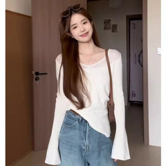 白色V领微透冰丝长袖针织衫女夏季薄款开秋韩系穿搭修身防晒上衣