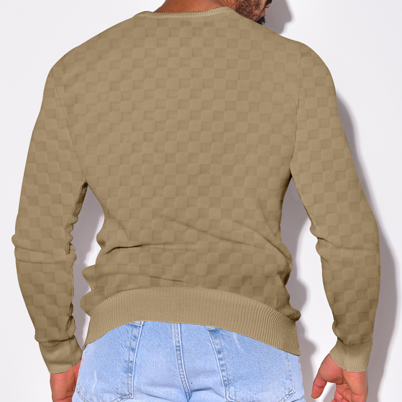 2024 Men's Spring and autumn  men's knitted shirt with jacquard chessboard plaid round neck casual bottom long sleeved top_voghion.com