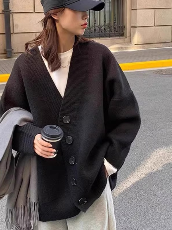 黑色毛衣外套女大码2025加厚外穿复古中长款慵懒宽松v领针织开衫1|undefined