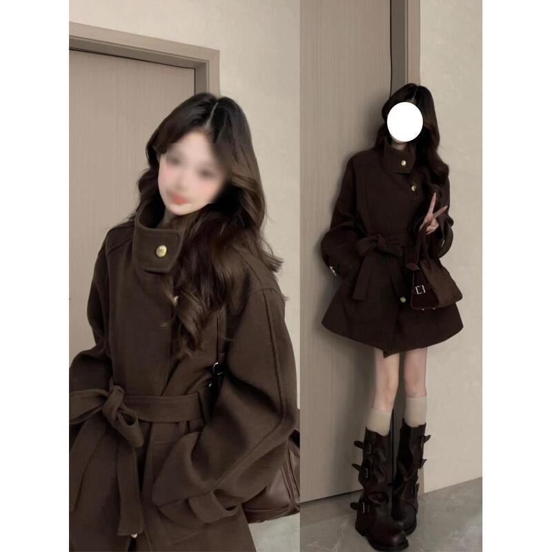 Korean-Style Hepburn-Style Brown Woolen Coat for Women, Fashionable Autumn and Winter New Style, Belted Waist, High-End Woolen Coat