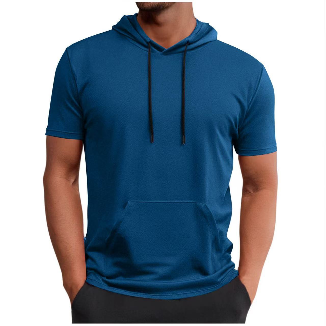 Factory-Made Cross-Border European and American Summer Men's Elastic Quick-Drying T-Shirt Breathable Sports Hooded Top Short-Sleeved Running