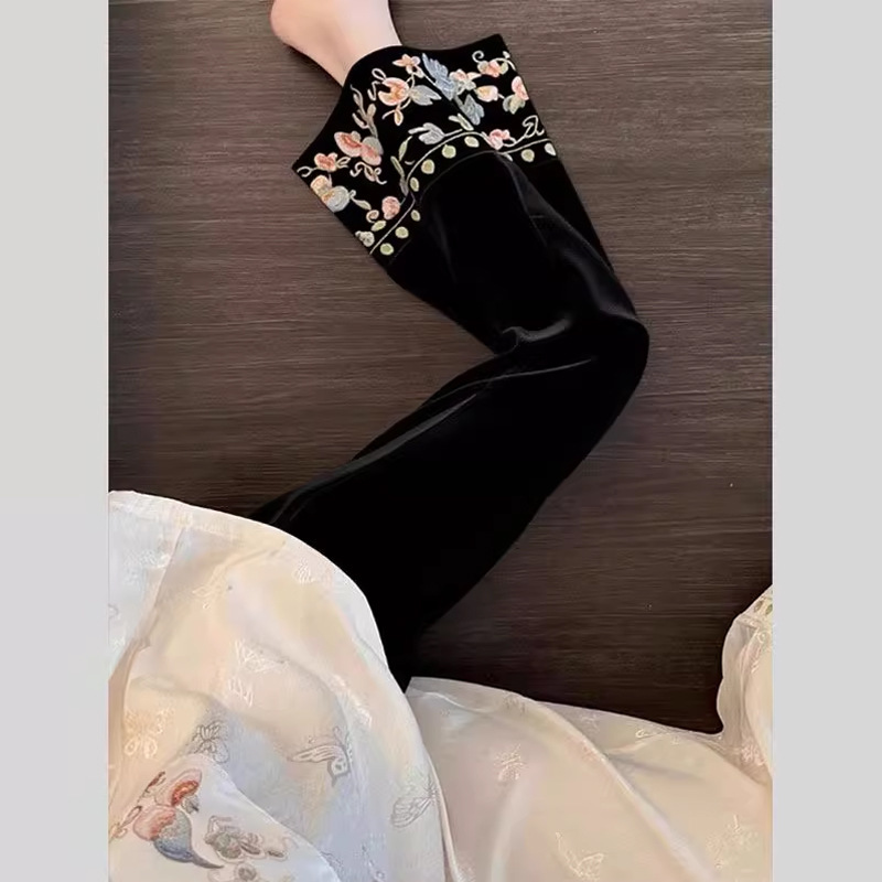New Chinese Style Women's Clothing, Retro Small Black High-Waisted Straight Embroidered Bootcut Pants for Women 2025 New Pants