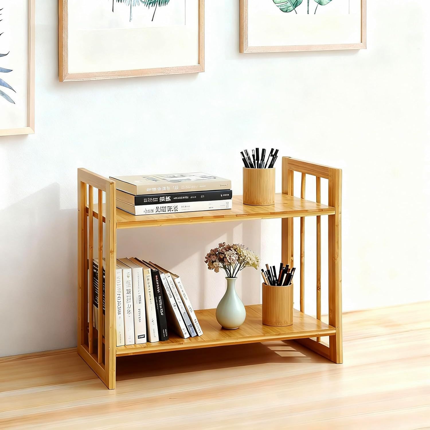 Bamboo Double-Layer Desktop Bookshelf, Small Countertop Storage Rack for Study Room and Dormitory, for Placing Books, Green Plants, and Miscellaneous Items