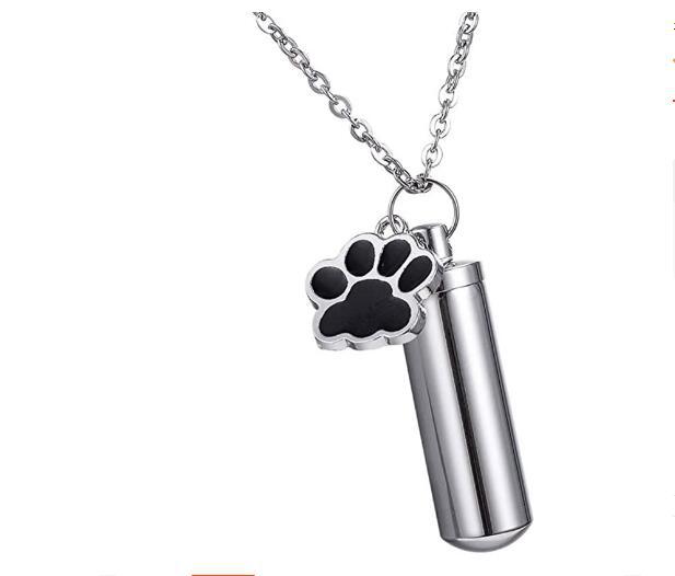 Amazon Venta caliente PET cenizas collar de la pata cilindro de impresión de dos piezas cinerario ataúd colgante botella de perfume colgante