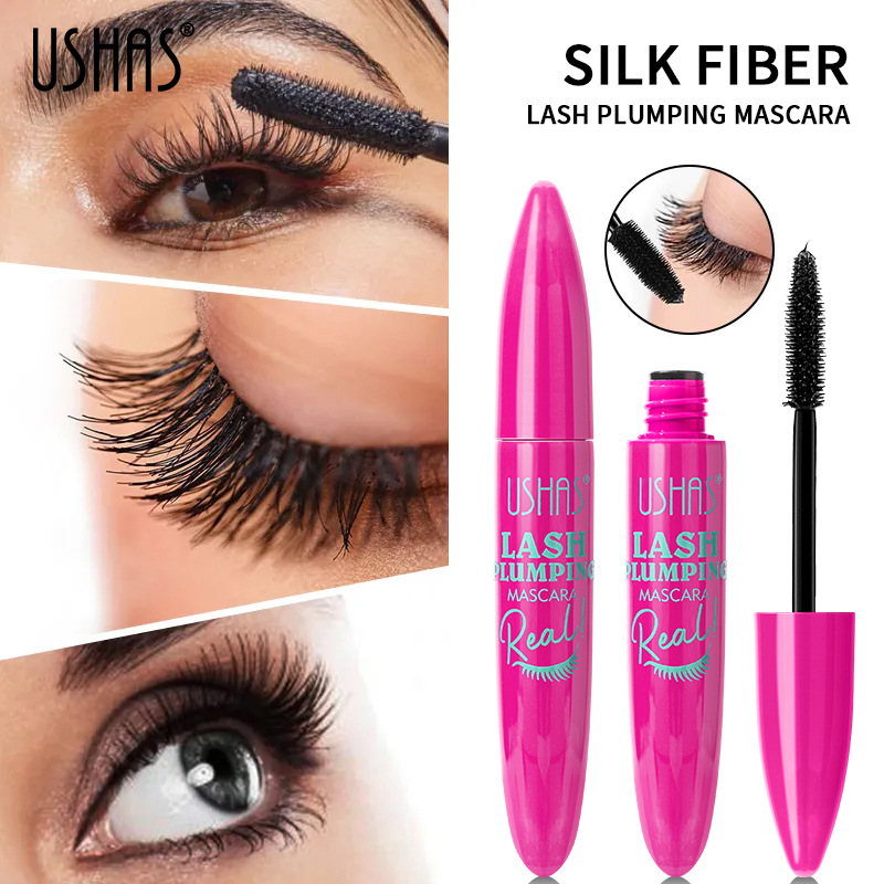 Mascara neutra de maquillaje explosivo transfronterizo USHAS grueso y largo rizado 4D impermeable fibra líquida mascara