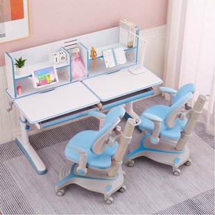 Children's Double Study Table, Primary School Student Desk, Liftable Solid Wood Writing Home Bookcase, Integrated Table and Chair Twins