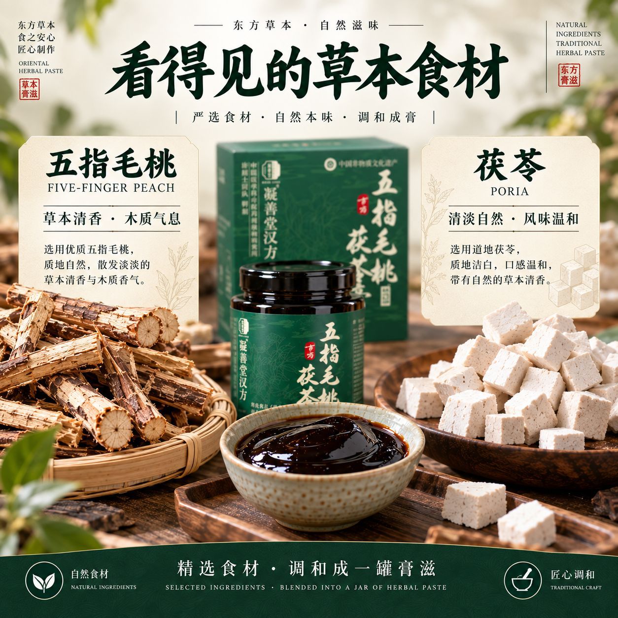 Wu Zhi Mao Tao Fu Ling Herbal Paste (220g) — Traditional Steam-Simmered Herbal Paste with Mulberry, Adzuki Bean & Huo Xiang preparation