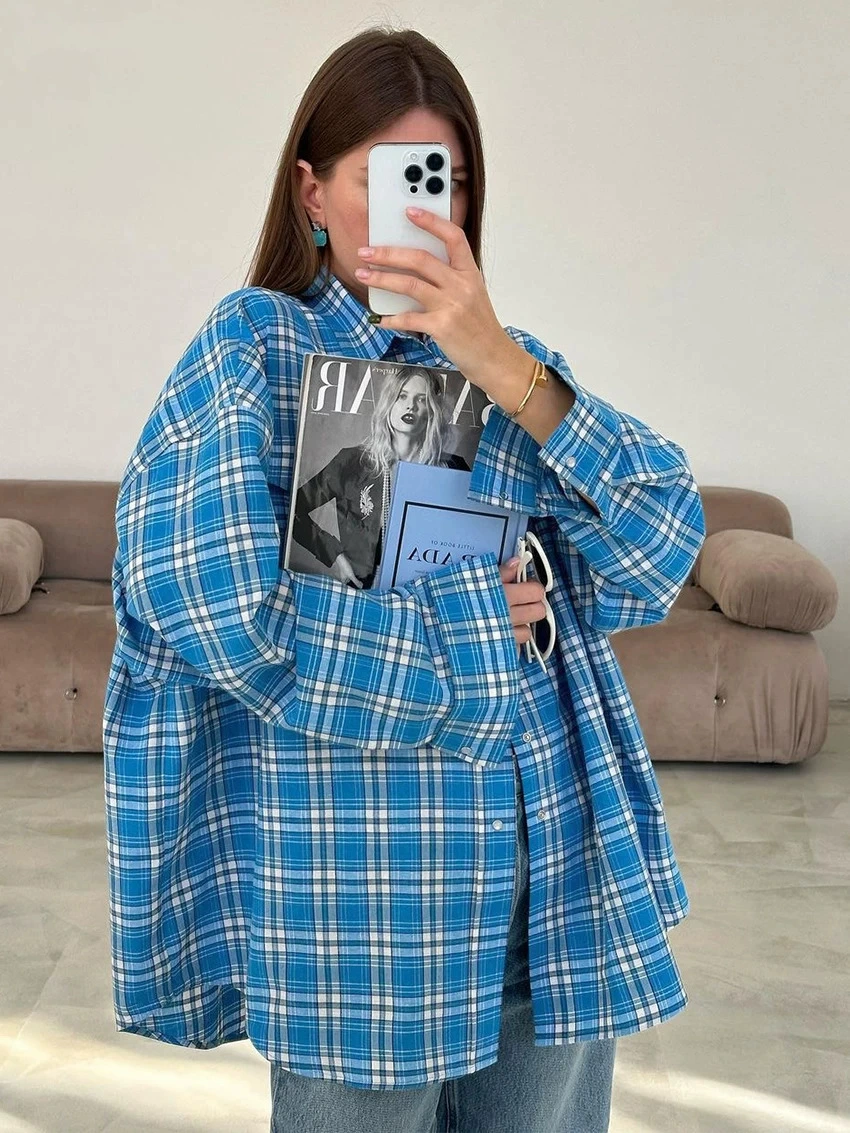 เสื้อแขนยาวฤดูใบไม้ร่วงย้อนยุค ลายตาราง หลายสี ไซส์ S–XL