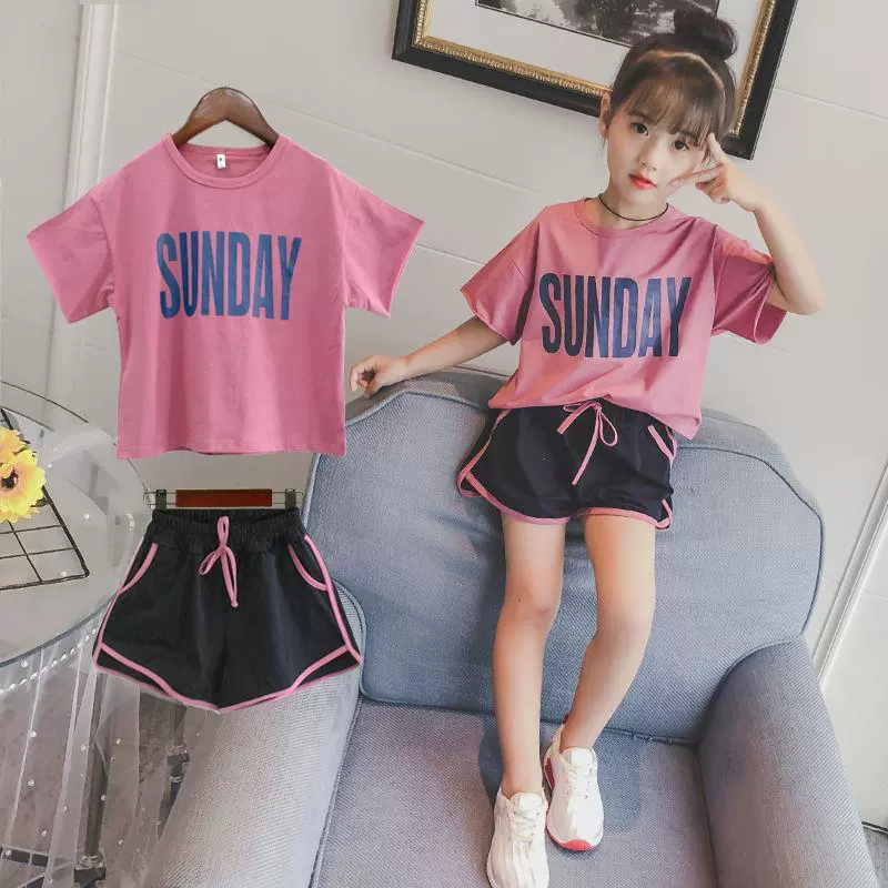 Костюм для девочек, летняя спортивная одежда с короткими рукавами, новинка 2020 года, шорты с короткими рукавами в западном стиле, корейский стиль, Детский комплект из двух предметов