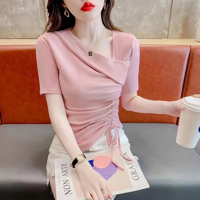 Nuevo diseño irregular con cordón SLIM-Fit Top corto ins Camiseta de manga corta con cuello en V puro y elegante para mujer verano