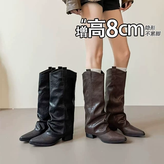 内增高8CM尖头长靴女秋冬新款高筒骑士靴棕色黑色百搭不过膝皮靴