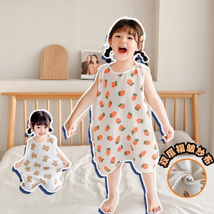 Children's Summer Thin Double-Layer Gauze Sleeping Bag Vest Belly Protection One-Piece Cartoon Nightgown for Boys and Girls Anti-Kicking Quilt
