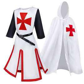 万圣节服装wish中世纪的束腰外衣 开叉拼接男上衣圣殿骑士动漫服