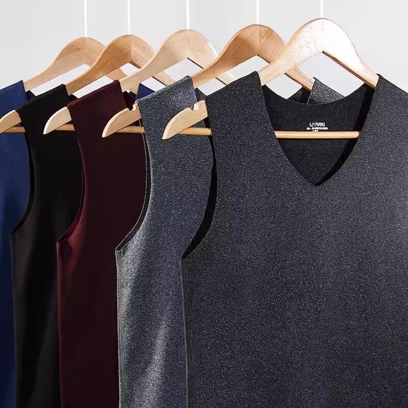 Men's seamless thermal vest, inner wear base shirt for autumn and winter, fleece-lined and thickened, sleeveless cotton vest