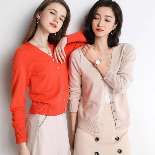 Women's Spring and Autumn Wool Cardigan Short Sleeve V-Neck Thin Loose Knit Long-Sleeve Sweater Korean Version Fashion Outerwear