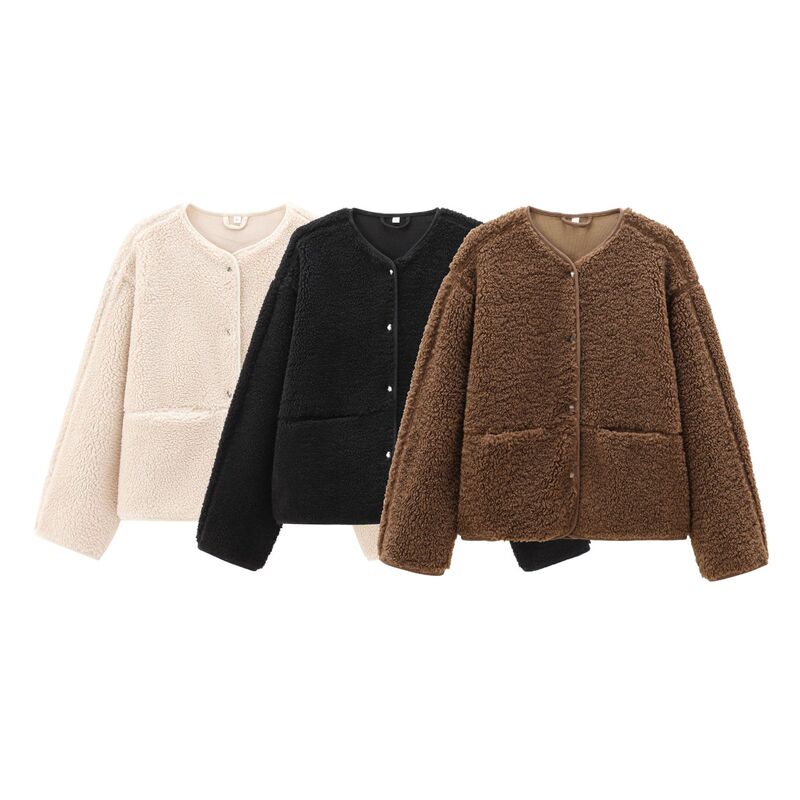 European and American Style Plush Short Coat Women's Autumn New Fashion Round Neck Casual Comfortable Solid Color Simple Teddy Velvet Jacket European and American Style Plush Short Coat Women's Autumn New Fashion Round Neck Casual Comfortable Solid Color Simple Teddy Velvet Jacket