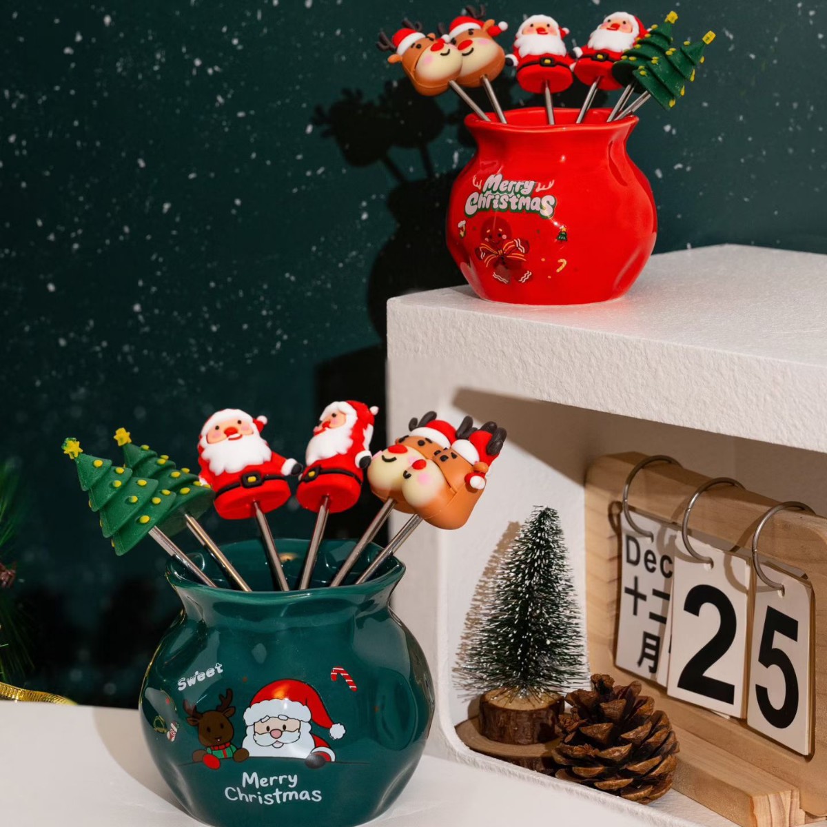 Bolsa de Navidad de cerámica contenedor de barril de acero inoxidable conjunto de horquilla de dibujos animados creativos horquilla de fruta de silicona etiqueta de postre