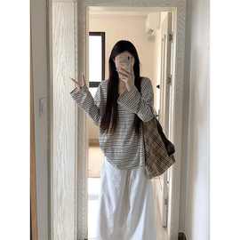 美式复古斜露肩条纹长袖t恤女夏季宽松松弛慵懒防晒罩衫春秋上衣