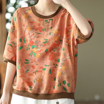 Summer New Tencel Linen Literary Retro Mid-Sleeve Threaded Round Neck Printed T-Shirt 202 Summer New Tencel Linen Literary Retro Mid-Sleeve Threaded Round Neck Printed T-Shirt 202