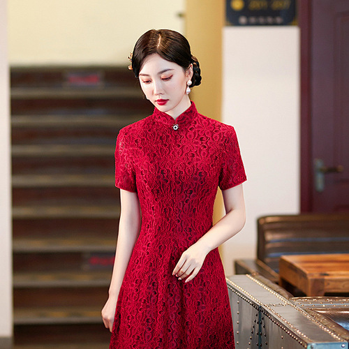 Retro Chinese Dress oriental Cheongsam for women red short-sleeved bud silk qipao to restore ancient ways the a-line dress gown