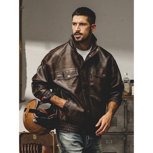 American Style Classic Retro Soft Leather Jacket Men's Loose Biker Suit Trendy Brand Tough Guy Autumn Leather Jacket Coat Men's Spring and Autumn Style