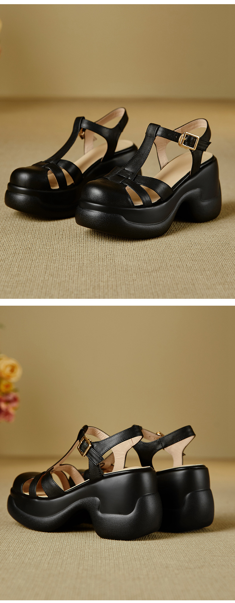 Sandal nữ quai chữ T đế xốp dày phong cách La Mã — đen chi tiết 10