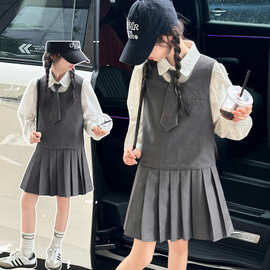 春季女童长袖衬衫马甲套装春装童装儿童女孩百褶短裙三件套学院风