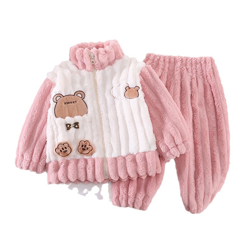 Hombres y niñas invierno ropa casera con cremallera nueva ropa de bebé con pijamas de peluche gruesas de dos piezas